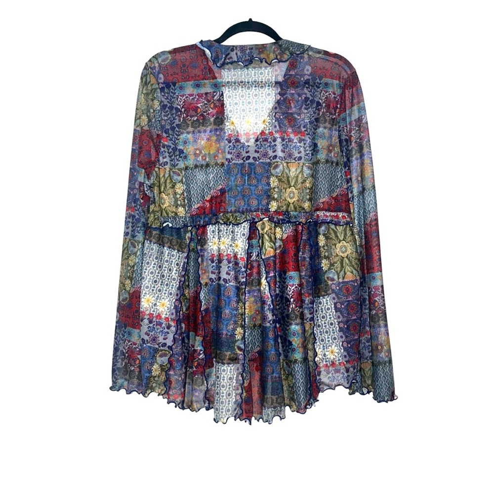 Natural Life Sierra Mesh Long Sleeve Patchwork V-Neck Ruffle Boho Top XL - Picture 3 of 6